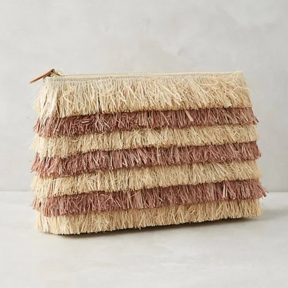 KAYU Pinata Neutral Fringe Oversized Straw Clutch - Picture 1 of 9
